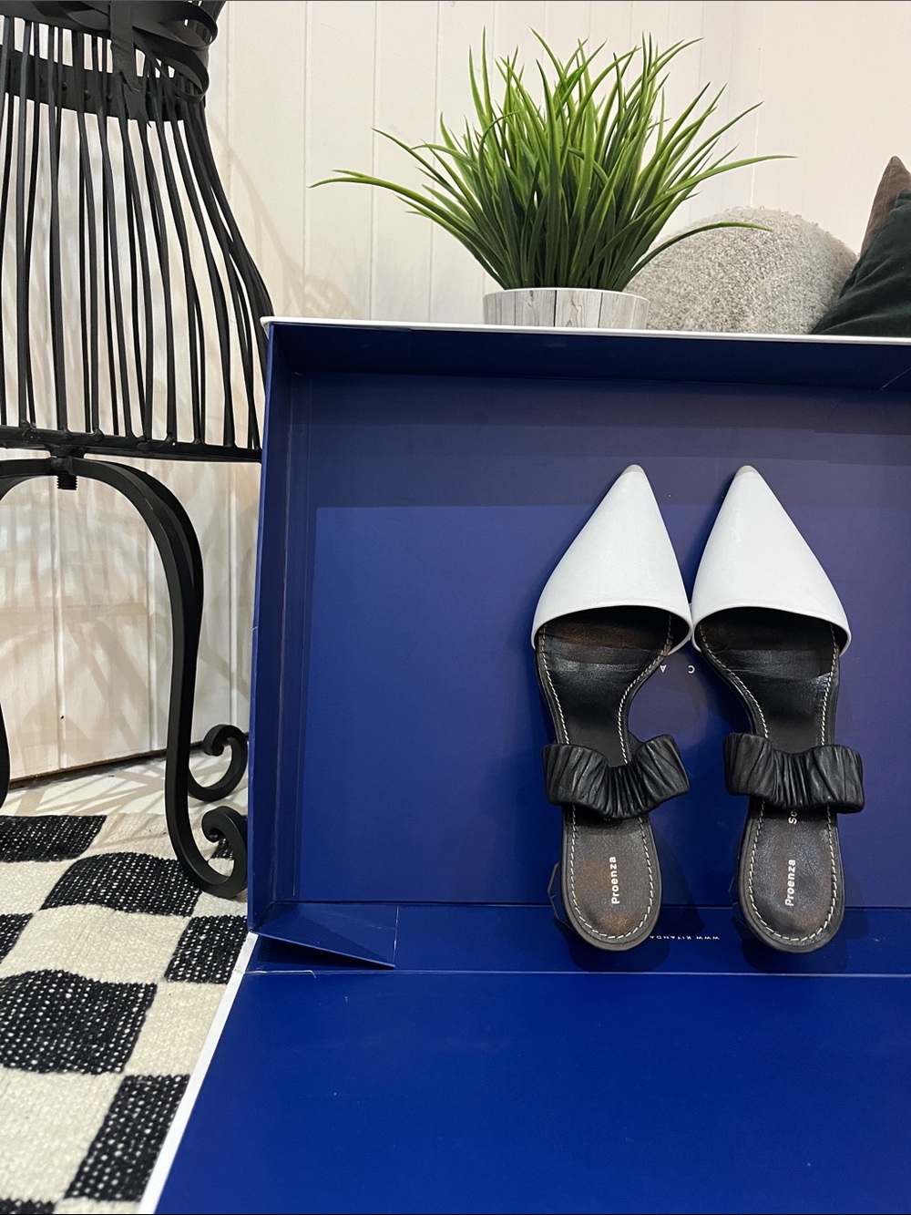 Proenza Schouler White Pointed Toe Black Ruffle Strap Mules